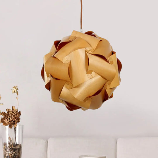 Minimalist Wood Pendant Light Kit - Pieced Globe Dinette Drop Design In Light-Brown (1 Bulb)