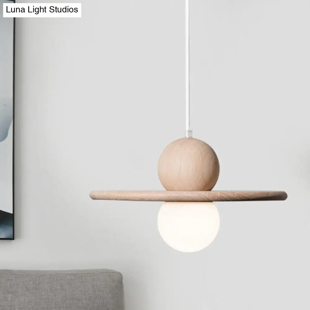 Minimalist Wood Plate Pendant Ceiling Light - Single Head Beige Hanging Lamp For Dining Room