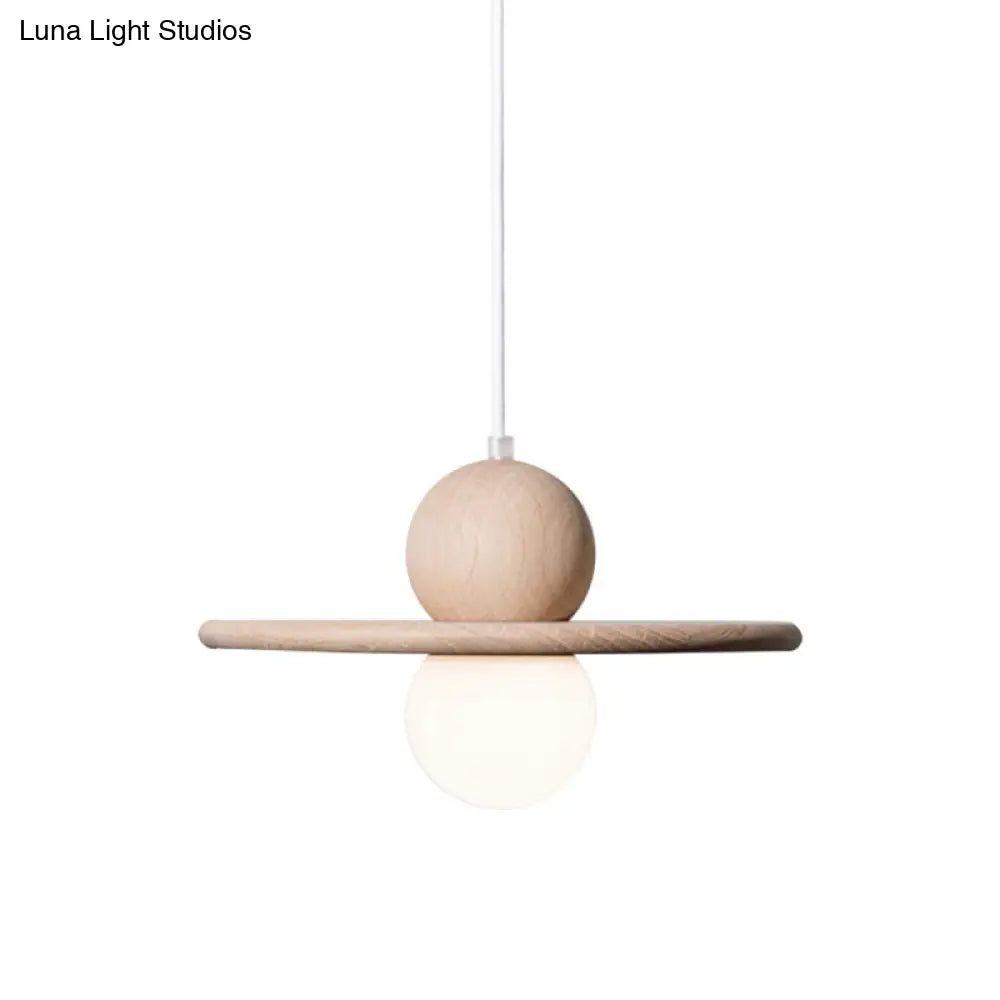 Minimalist Wood Plate Pendant Ceiling Light - Single Head Beige Hanging Lamp For Dining Room