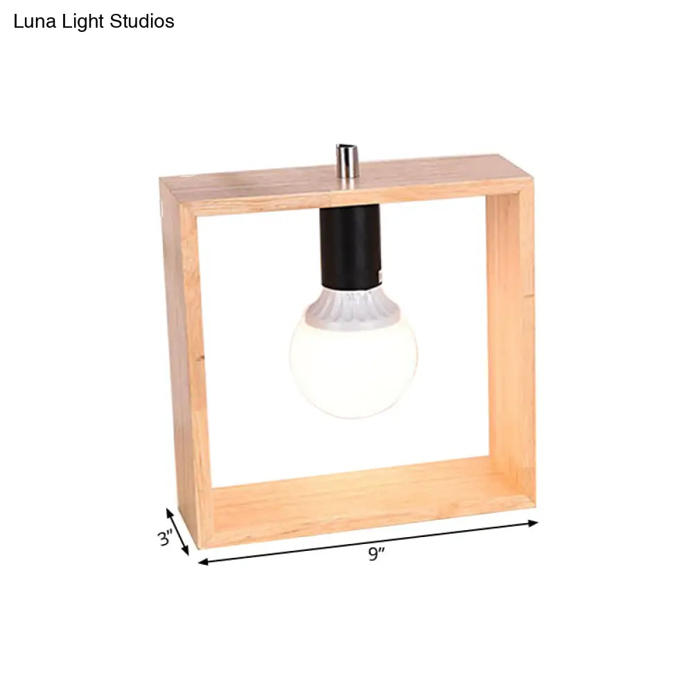 Minimalist Wood Table Lamp With Square Frame - Bedside Nightstand Light Single Bulb Design