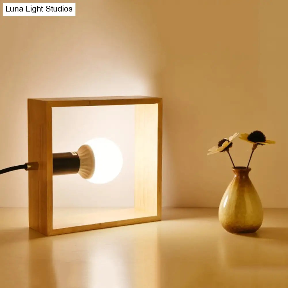 Minimalist Wood Table Lamp With Square Frame - Bedside Nightstand Light Single Bulb Design