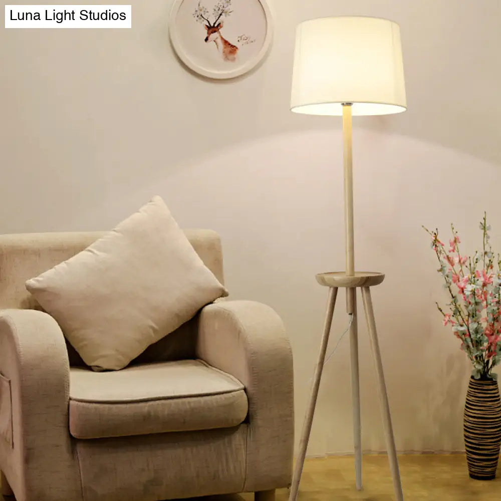 Minimalist Wood Tri-Legged Floor Lamp With Drum Fabric Shade And Table Beige Stand Light