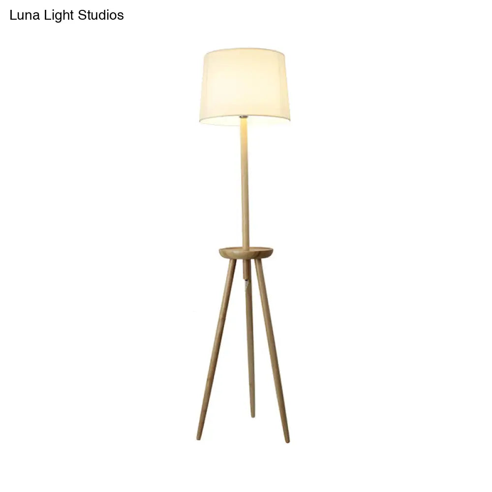 Minimalist Wood Tri-Legged Floor Lamp With Drum Fabric Shade And Table Beige Stand Light