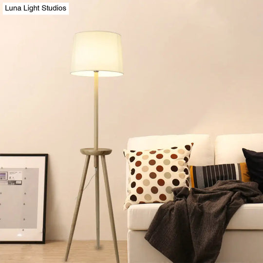 Minimalist Wood Tri-Legged Floor Lamp With Drum Fabric Shade And Table Beige Stand Light