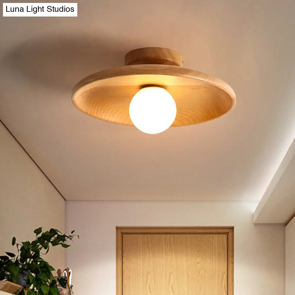 Minimalist Wooden Flush Mount Ceiling Lamp- Shallow Bowl Shape 1 Head- Perfect For Aisles