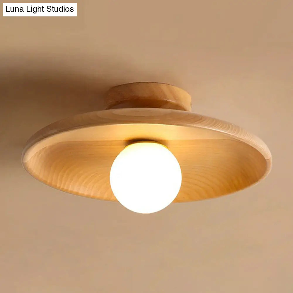 Minimalist Wooden Flush Mount Ceiling Lamp- Shallow Bowl Shape 1 Head- Perfect For Aisles