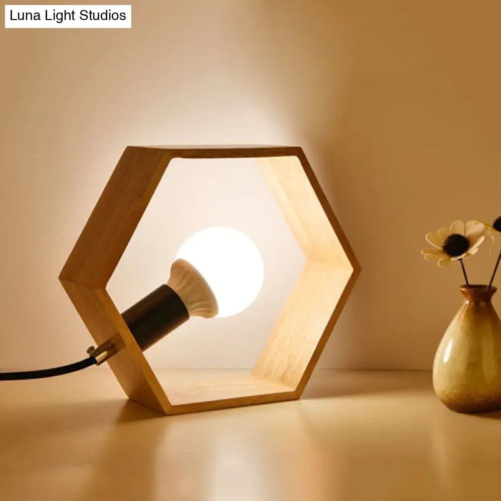 Minimalist Wooden Hexagon Nightstand With Naked Bulb Lighting