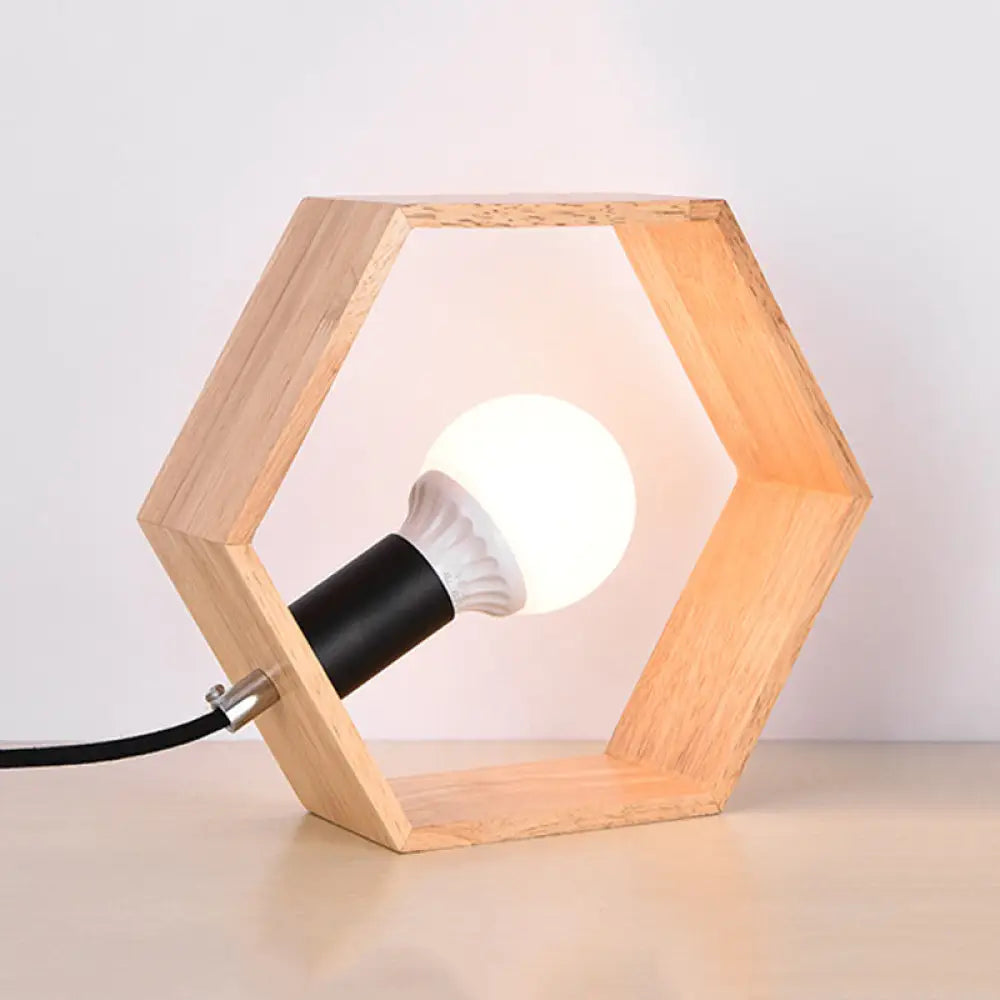 Minimalist Wooden Hexagon Nightstand With Naked Bulb Lighting Wood