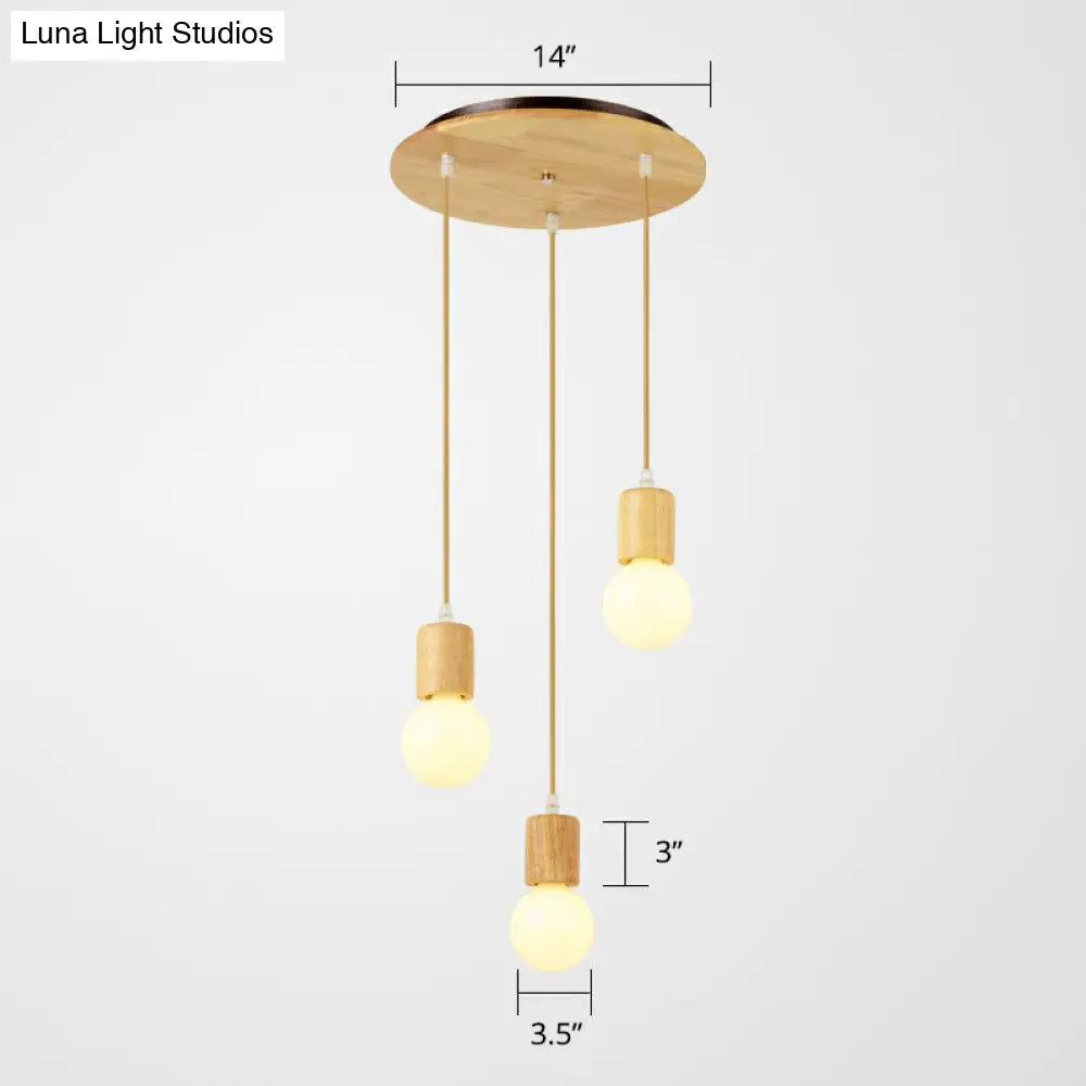 Minimalist Wooden Pendant Lamp With 3 Beige Suspension Lights - Contemporary Bare Bulb Fixture