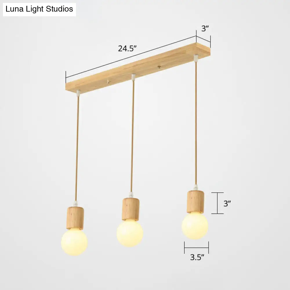 Minimalist Wooden Pendant Light Fixture With 3 Beige Lamp Heads