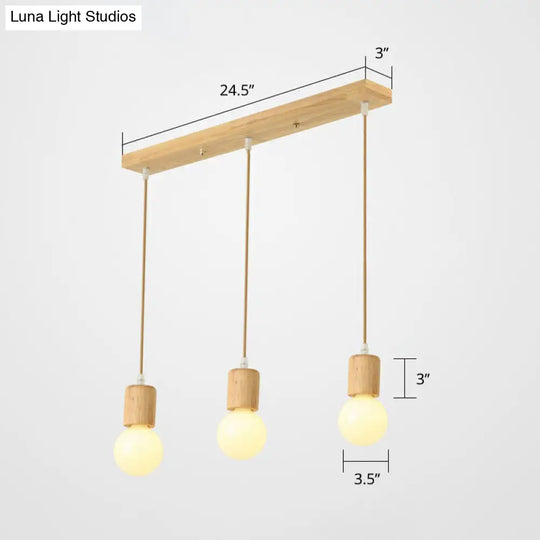 Minimalist Wooden Pendant Light Fixture With 3 Beige Lamp Heads