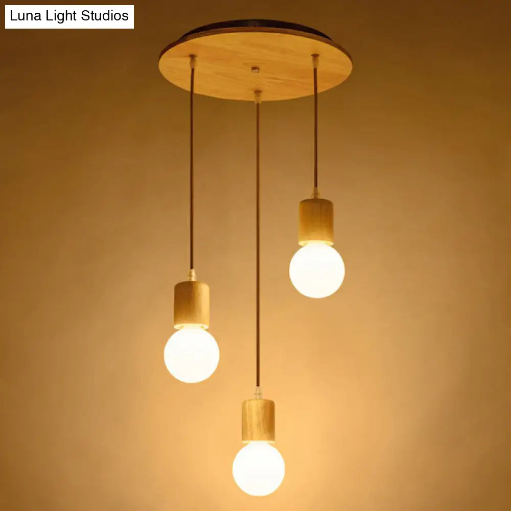 Minimalist Wooden Pendant Light Fixture With 3 Beige Lamp Heads Wood / Round