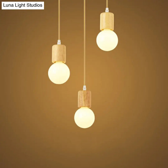 Minimalist Wooden Pendant Lamp With 3 Beige Suspension Lights - Contemporary Bare Bulb Fixture