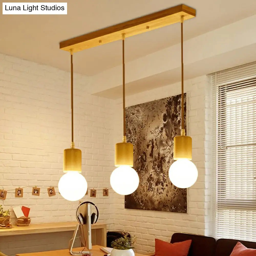 Minimalist Wooden Pendant Light Fixture With 3 Beige Lamp Heads Wood / Linear