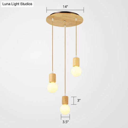 Minimalist Wooden Pendant Light Fixture With 3 Beige Lamp Heads