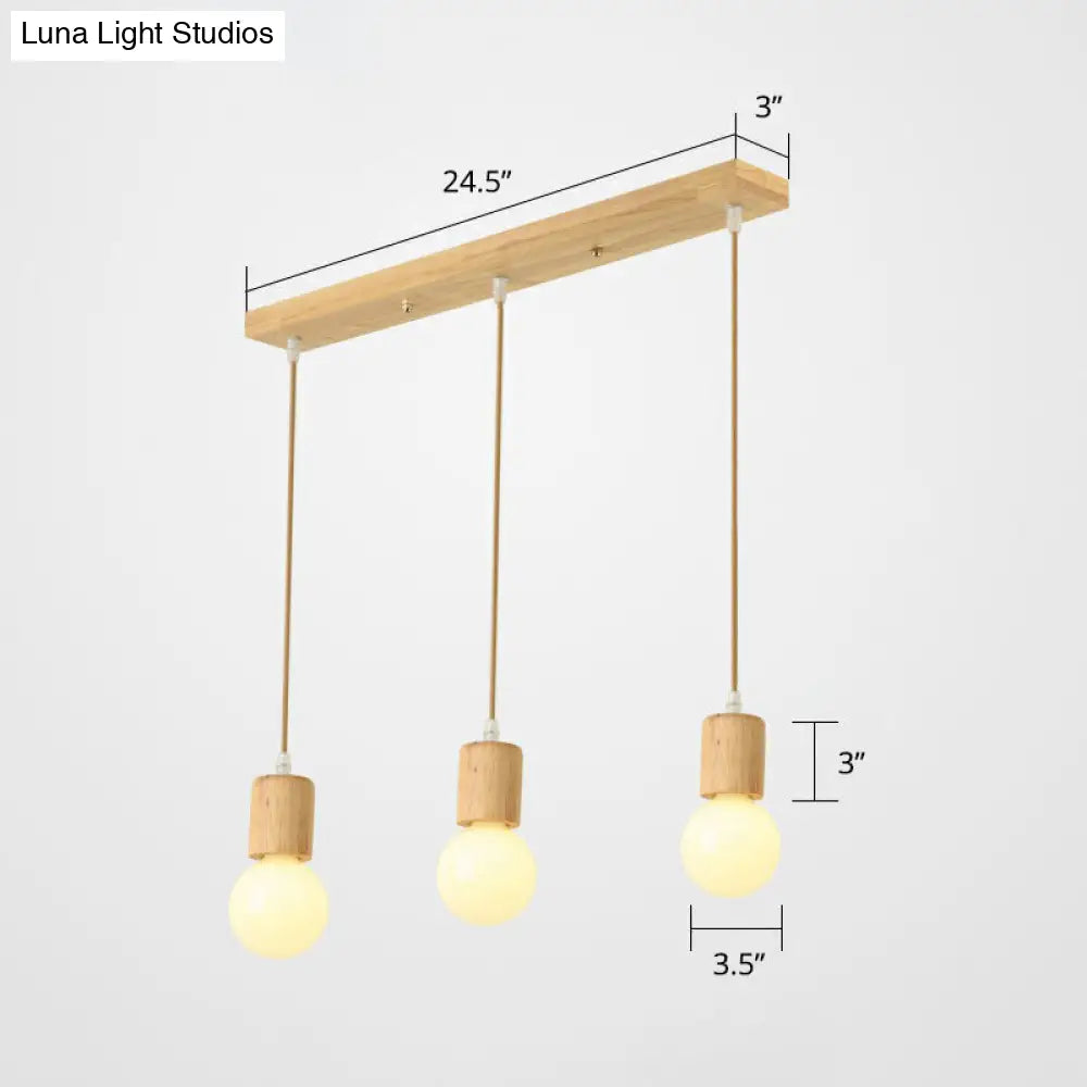 Minimalist Wooden Pendant Lamp With 3 Beige Suspension Lights - Contemporary Bare Bulb Fixture