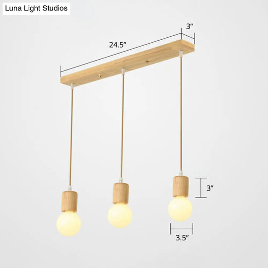 Minimalist Wooden Pendant Lamp With 3 Beige Suspension Lights - Contemporary Bare Bulb Fixture