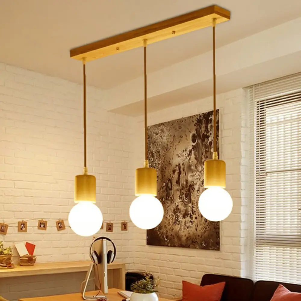 Minimalist Wooden Pendant Lamp With 3 Beige Suspension Lights - Contemporary Bare Bulb Fixture Wood