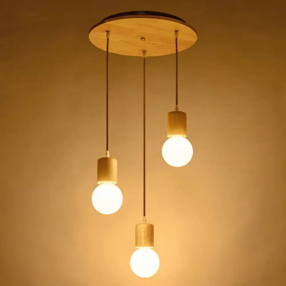 Minimalist Wooden Pendant Lamp With 3 Beige Suspension Lights - Contemporary Bare Bulb Fixture Wood