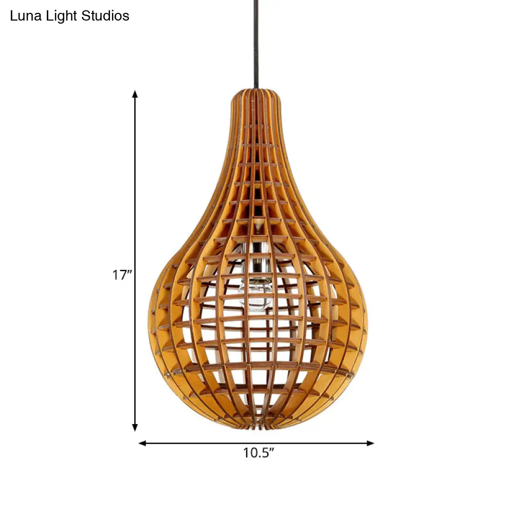 Minimalist Wooden Raindrop Pendant Lighting - 1-Light Brown Suspension Light With Grid Design