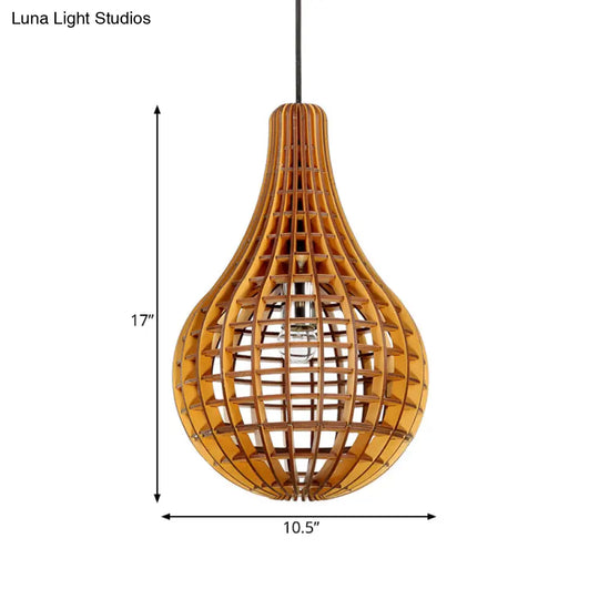 Minimalist Wooden Raindrop Pendant Lighting - 1-Light Brown Suspension Light With Grid Design