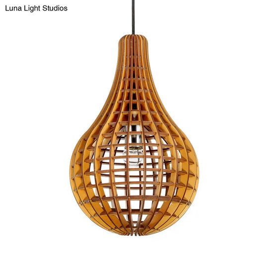 Minimalist Wooden Raindrop Pendant Lighting - 1-Light Brown Suspension Light With Grid Design