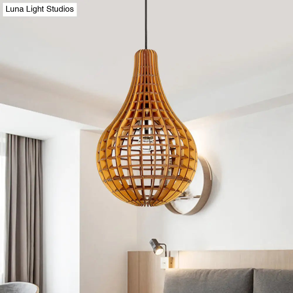 Minimalist Wooden Raindrop Pendant Lighting - 1-Light Brown Suspension Light With Grid Design