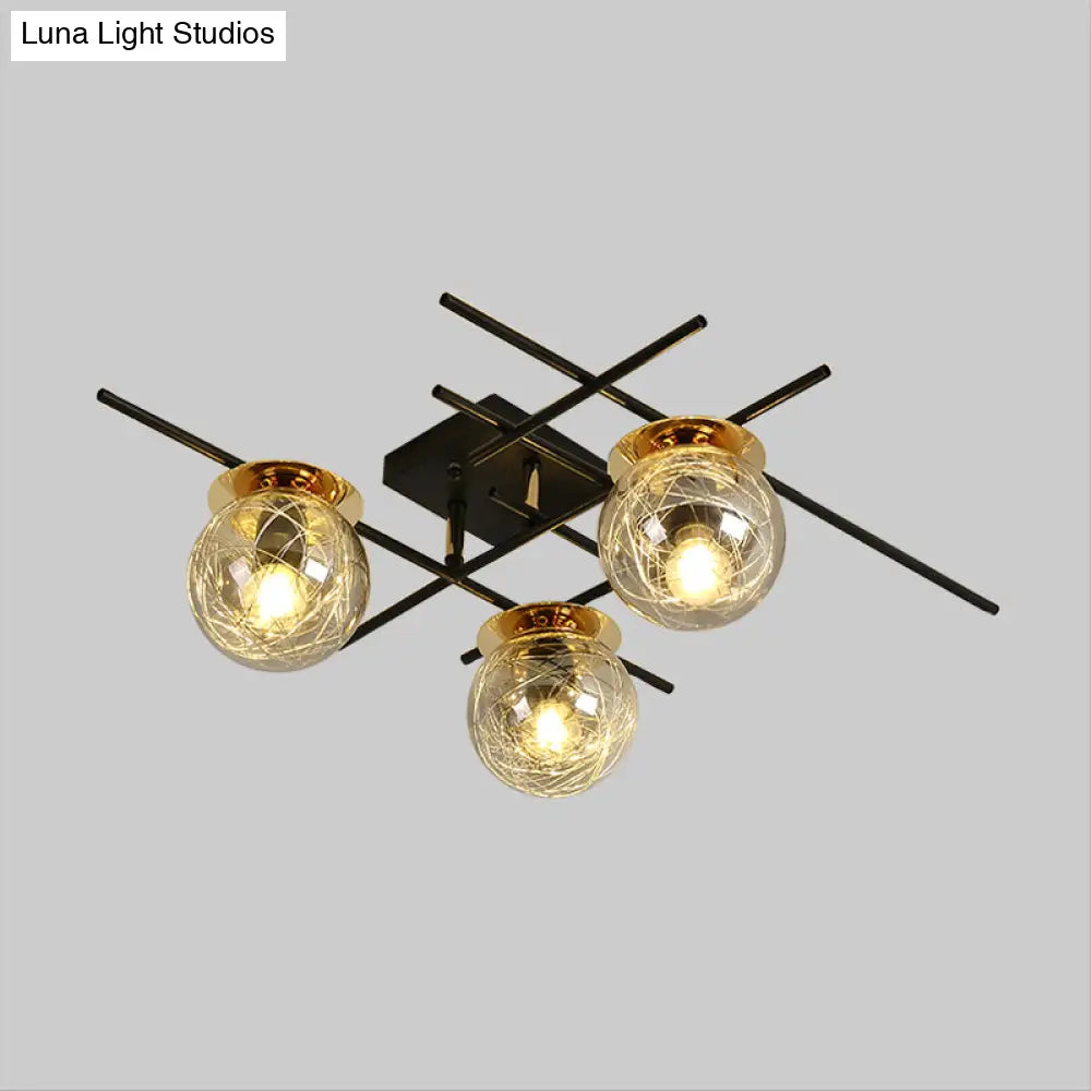 Minimalistic 3 - Head Semi - Flush Ceiling Light With Clear/Smoke Gray Glass For Bedroom