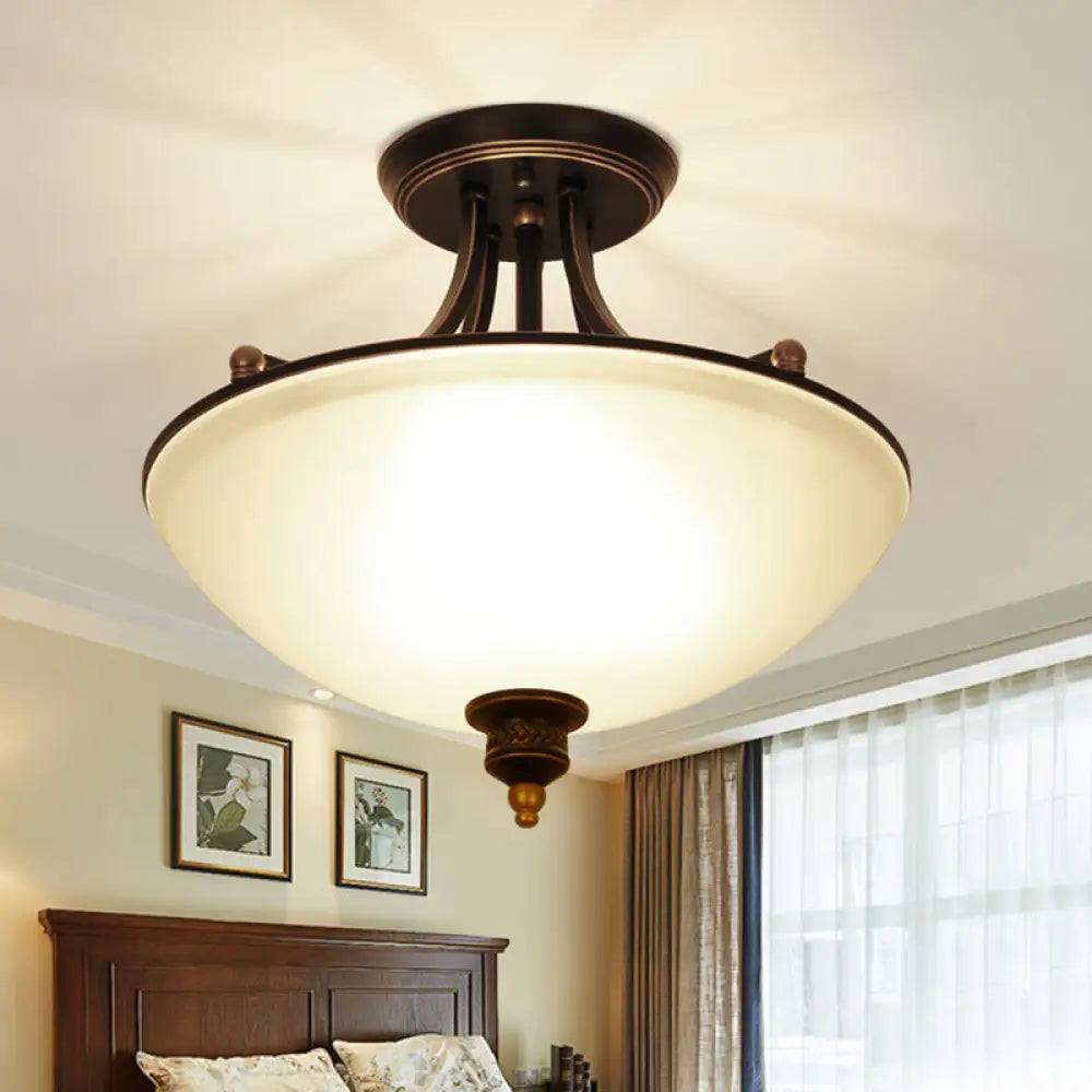 Minimalistic 3-Light Semi Flush Bowl Ceiling Mount In Black With Frosted White Glass