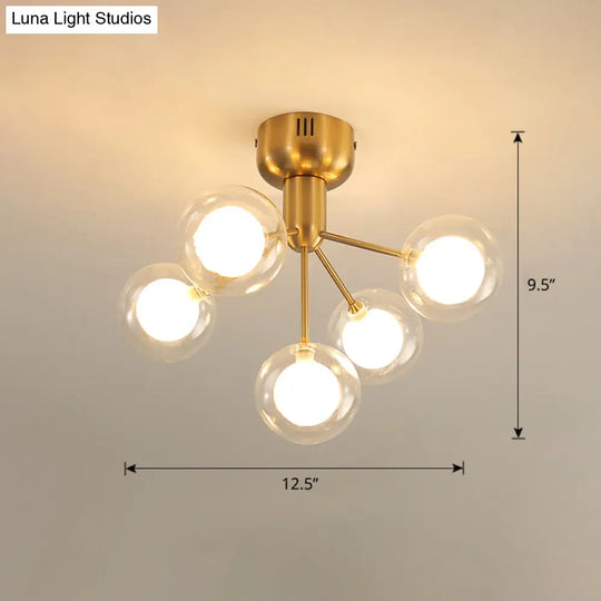 Minimalistic 5 - Head Clear And Frosted Glass Molecule Ceiling Fixture For Corridor Lighting