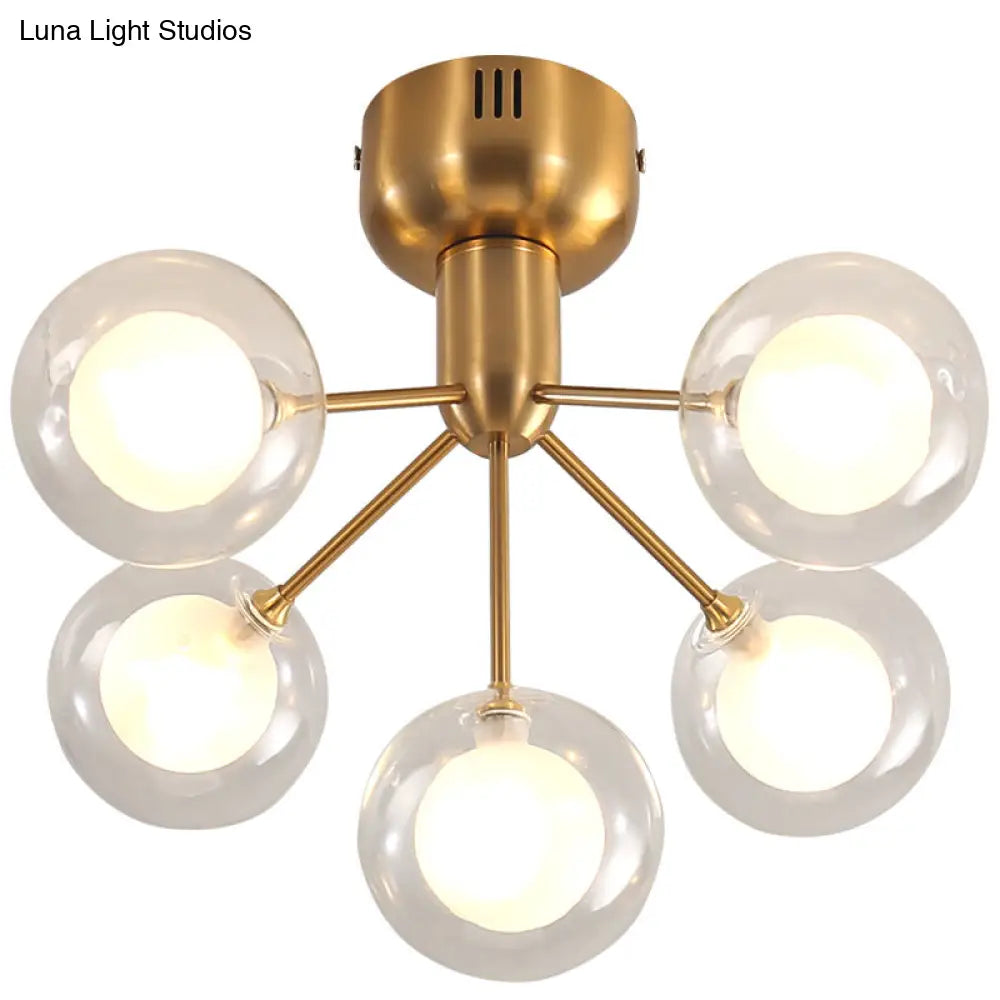 Minimalistic 5-Head Clear And Frosted Glass Molecule Ceiling Fixture For Corridor Lighting