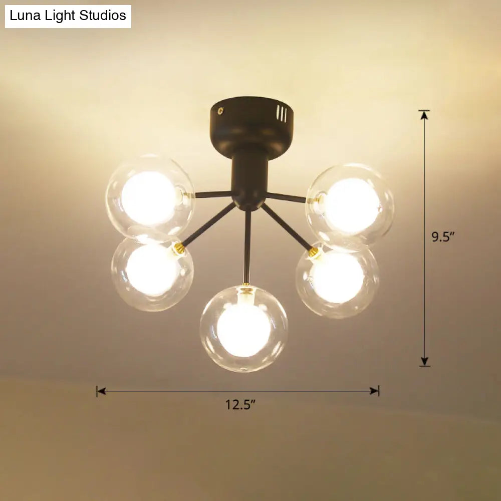 Minimalistic 5 - Head Clear And Frosted Glass Molecule Ceiling Fixture For Corridor Lighting