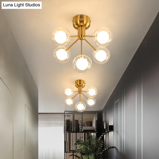 Minimalistic 5-Head Clear And Frosted Glass Molecule Ceiling Fixture For Corridor Lighting