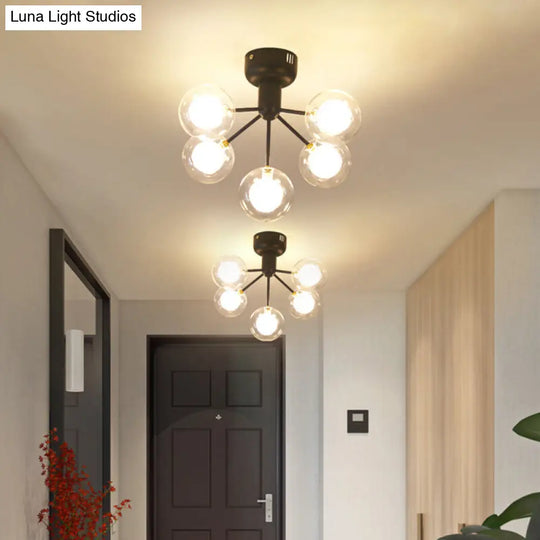 Minimalistic 5-Head Clear And Frosted Glass Molecule Ceiling Fixture For Corridor Lighting Black