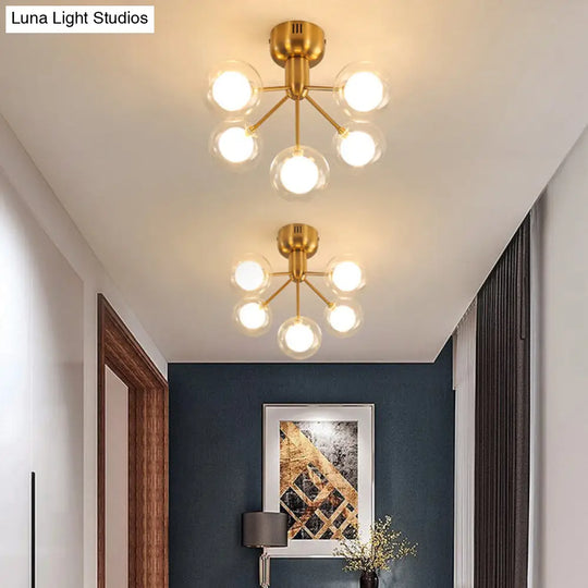 Minimalistic 5-Head Clear And Frosted Glass Molecule Ceiling Fixture For Corridor Lighting Gold