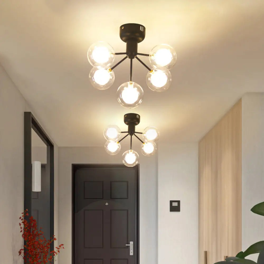 Minimalistic 5 - Head Clear And Frosted Glass Molecule Ceiling Fixture For Corridor Lighting Black