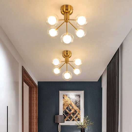 Minimalistic 5 - Head Clear And Frosted Glass Molecule Ceiling Fixture For Corridor Lighting Gold