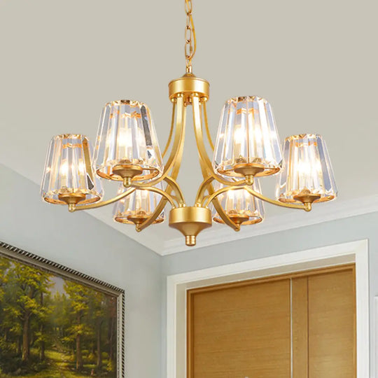 Minimalistic 6-Light Gold Pendant Chandelier With Conic Crystal Prisms & Curvy Arm