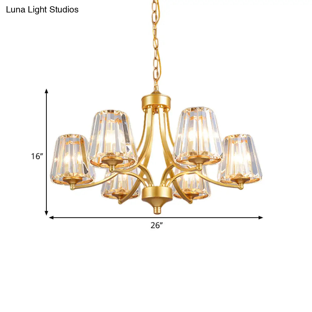 Minimalistic 6-Light Gold Pendant Chandelier With Conic Crystal Prisms & Curvy Arm