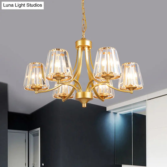 Minimalistic 6-Light Gold Pendant Chandelier With Conic Crystal Prisms & Curvy Arm