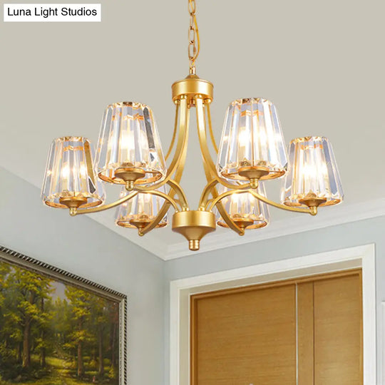 Minimalist 6-Light Gold Crystal Ceiling Chandelier With Curvy Arm