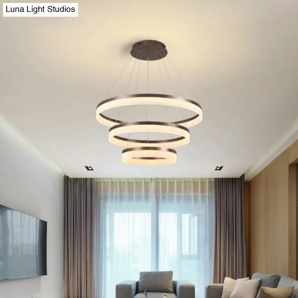 Minimalistic Acrylic Led Pendant Light Kit - Circle Chandelier In Brown For Bedroom Choose 1 To 3