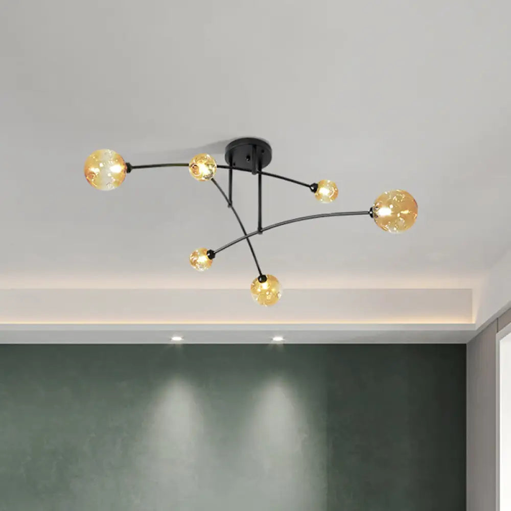 Minimalistic Amber Glass Modo Semi-Flush Ceiling Lamp With 6 Black Arced Heads