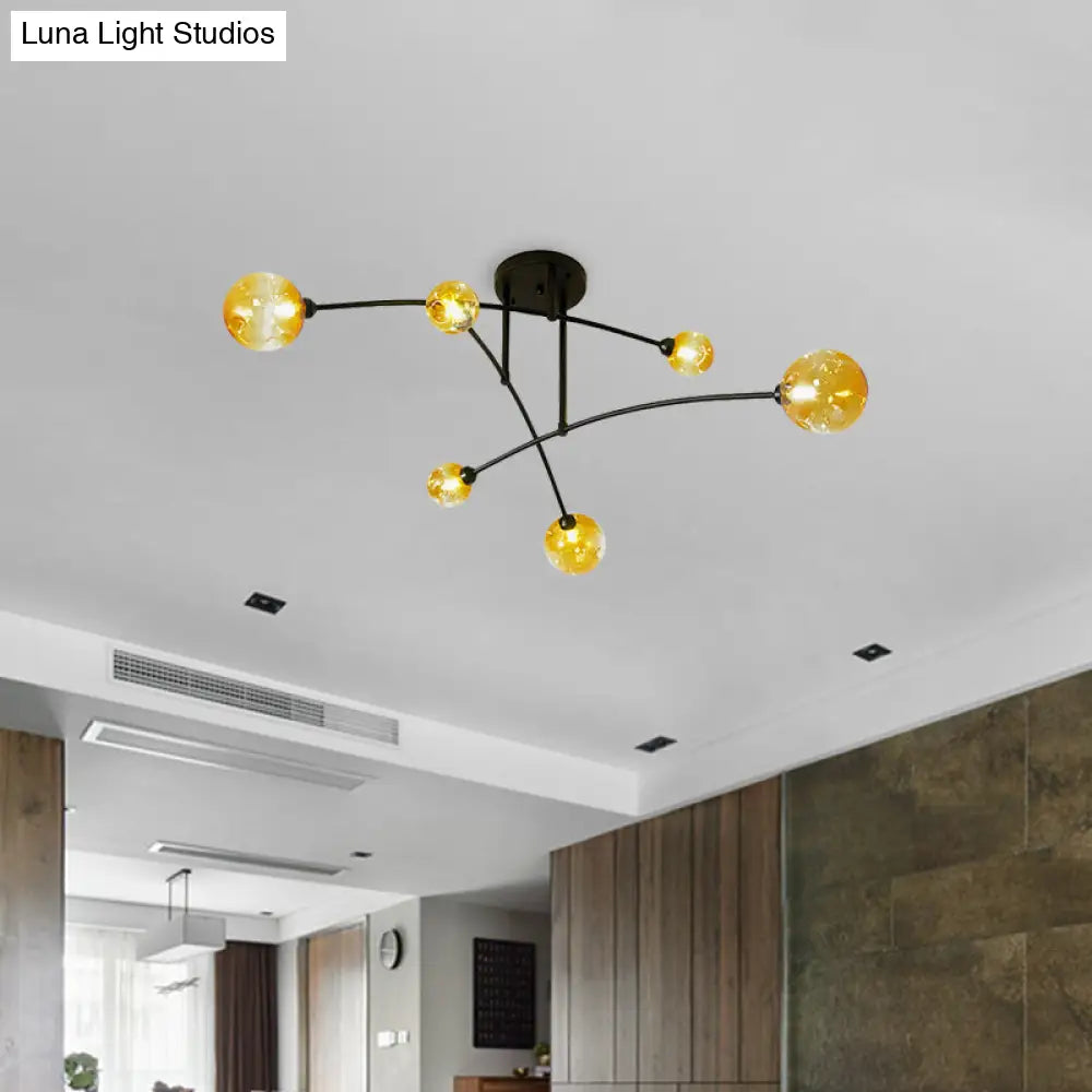 Minimalistic Amber Glass Modo Semi-Flush Ceiling Lamp With 6 Black Arced Heads
