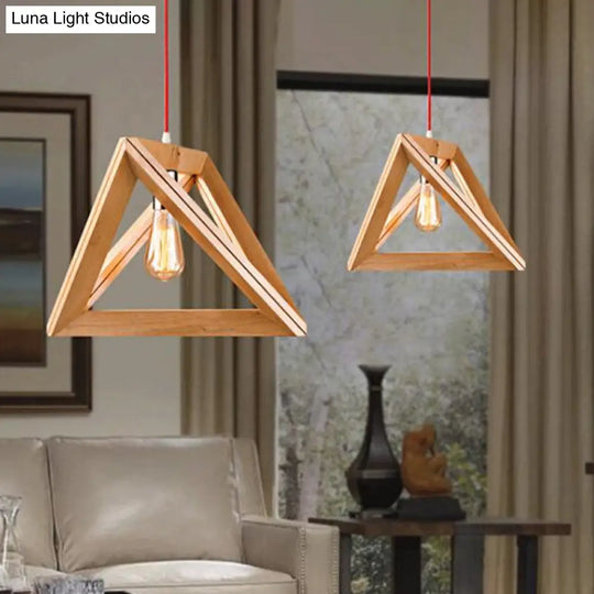 Minimalistic Beige Triangle Pendant Light With Wood Cage - Available In 12.5’ 14.5’ Or 16.5’ Width