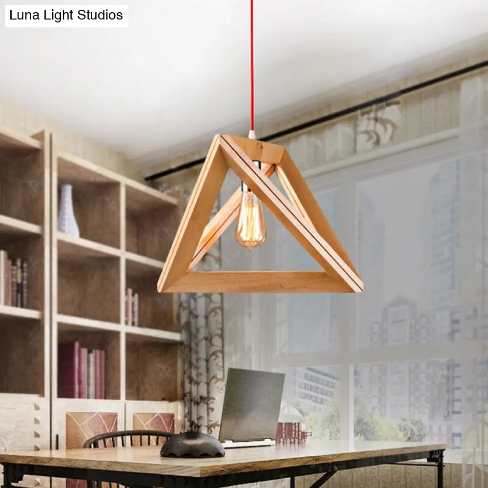 Minimalist Triangle Hanging Light With Single Bulb - Beige Pendant Wood Cage 12.5/14.5/16.5 Width