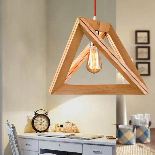 Minimalistic Beige Triangle Pendant Light With Wood Cage - Available In 12.5’ 14.5’ Or 16.5’ Width /