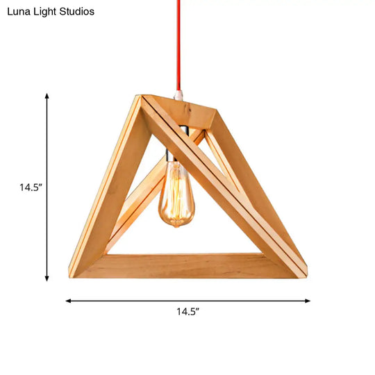 Minimalist Triangle Hanging Light With Single Bulb - Beige Pendant Wood Cage 12.5/14.5/16.5 Width