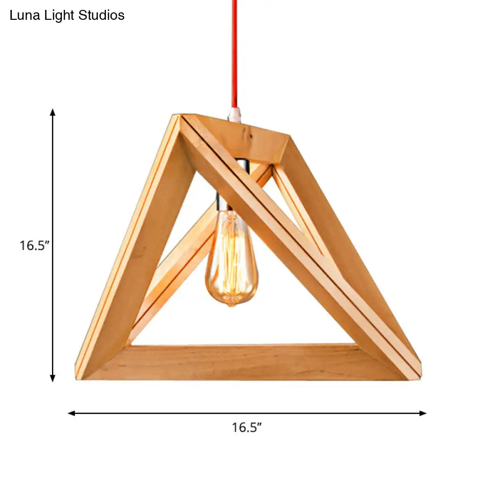 Minimalist Triangle Hanging Light With Single Bulb - Beige Pendant Wood Cage 12.5/14.5/16.5 Width