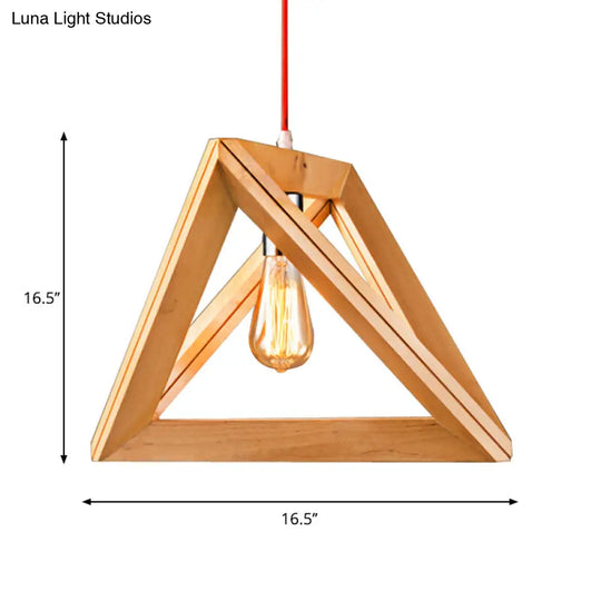 Minimalist Triangle Hanging Light With Single Bulb - Beige Pendant Wood Cage 12.5/14.5/16.5 Width